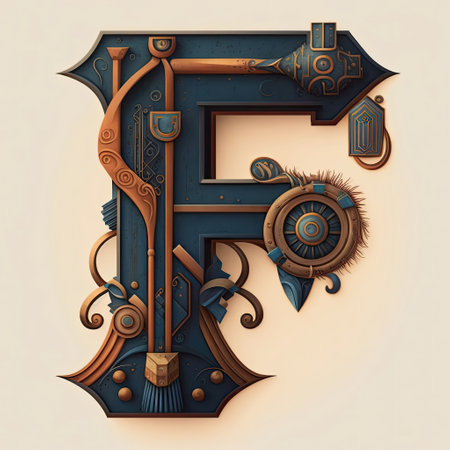 Capital letter F, steampunk alphabet in bronze metal and navy blue colors, AI generative.の素材