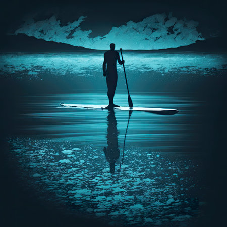 Sup board surfer, amazing glow in the dark ocean, sea, luminous water, view from above. Paddle board, tiny man figure, mystical shimmering light. AI generative illustration background.の素材