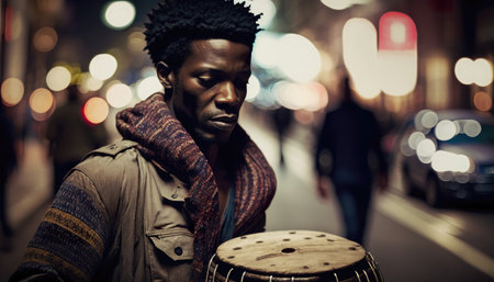 African musician playing bongo drum outdoors, AI generative illustrationの素材