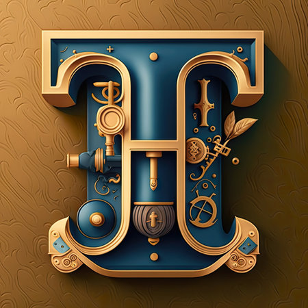 Capital letter T, steampunk alphabet in bronze metal and navy blue colors, AI generative.の素材