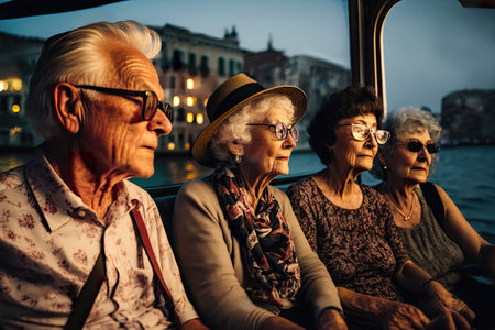 Senior tourists riding vaporetto transport boat in Venice at night with illuminated buildings, AI Generative illustration.の素材