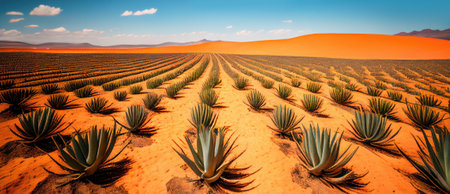 Aloe vera plantation, farm, on vibrant orange sandy soil, AI generative art, concept illustration generated by AI.の素材