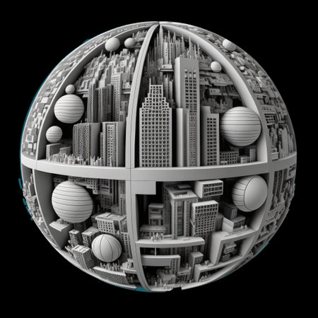 Urban jungle, 3d knolling sphere with retro-futuristic town, black and white spherical architectural model, urban architecture, AI generative concept illustration.の素材