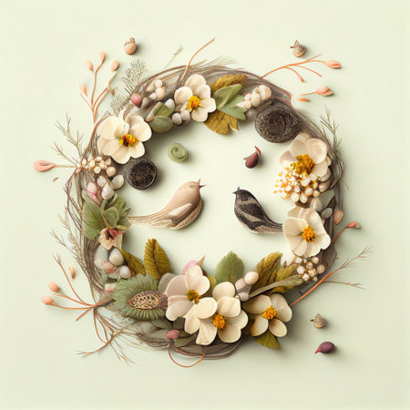 Easter decor, circle composition, nest of wreath with eggs and flowers. AI generative, AI generated illustration. Neat arrangement with springtime Easter decor on mint green background.の素材