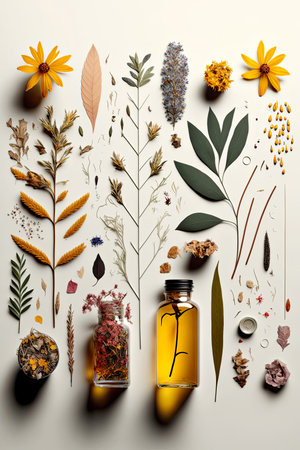 Knolling, medical herbs, bottles with remedies, pharmacy objects on off white background, AI generative illustration on subject of traditional phytotherapy. Phytotherapy, plant derived remedies.の素材