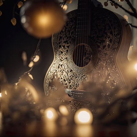 Acoustic guitar grown into enchanted forest. Roots and branches cover guitars body. Ethereal magic atmosphere with intricate organic shapes and lights. AI generative art, illustration generated by AIの素材