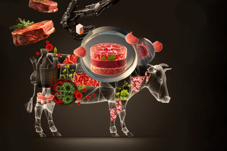 Cow silhouette, artificial meat, beef vat grown from precursor cells. Clean, lab grown meat. Concept collage, illustration, to illustrate new technology with AI generative elements.の素材