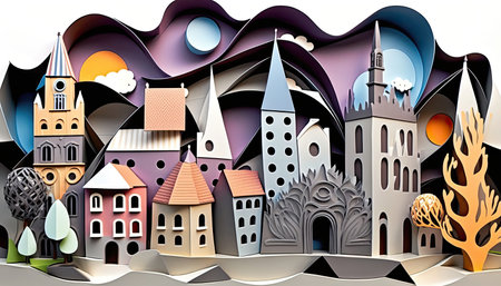 Estonia, paper art collage, vibrant layered colored paper, travel panoramic background, banner panorama, AI generativeの素材