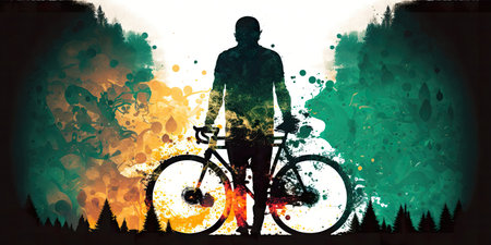 Double exposure of a cyclist, young man on a bike, riding bicycle in city, urban skyline, watercolorstyle, AI generativeの素材