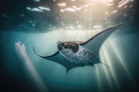 Large manta underwater, vast ocean, water surface with sparkling reflections, AI generativeの素材