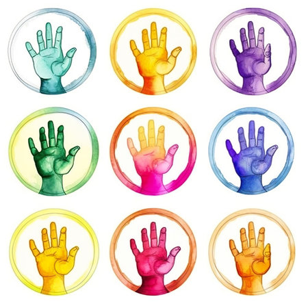 Few multicolored watercolor hands on white background in pop art style, AI generativeの素材