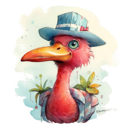 Cute flamingo in hat, simple clipart, pastel colors on white background, AI generative illustrationの素材