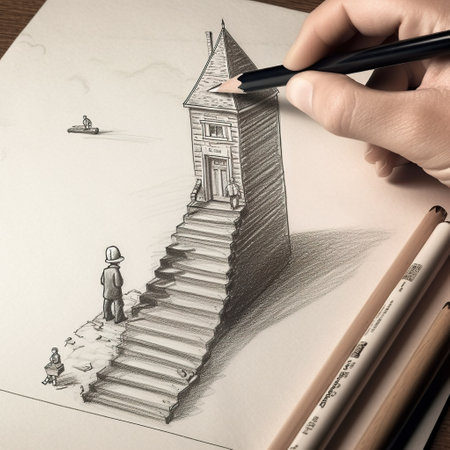Hand with pensil drawing staircase leading to tower with tiny humans, AI generative illustrative process pf artist creative workの素材