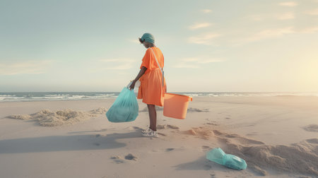 People in protective suits and masks collecting rubbish on a sandy beach, highlighting the need for environmental protection. AI generative.の素材