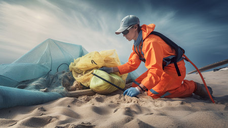 People in protective suits and masks collecting rubbish on a sandy beach, highlighting the need for environmental protection. AI generative.の素材