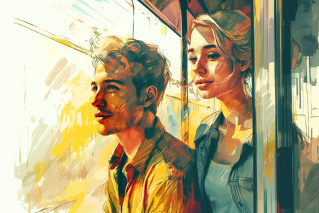 Young couple in historic tram, man and woman getting ride together on a sunny day, watercolor AI generative illustrationの素材