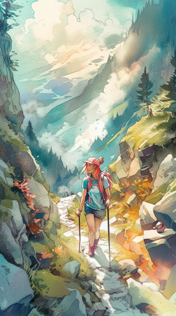 Happy female traveller, young adult woman hiking outdoors in mountains on a sunny day, AI generative treckerの写真素材