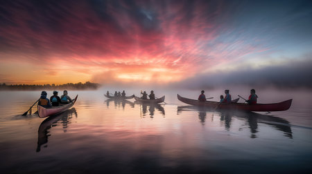 A scenic view of several canoe boats with travellers passing by, the long exposure creating polished water and flying pink and orange feather clouds in the sky. AI Generative.の素材