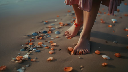 Female feet and colorful pebbles on sandy beach, orange and aquamarine, AI generative Mediterranean-inspired illustrationの素材