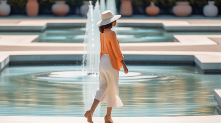 Young woman tourist in a summer outfit and hat is enjoying a leisurely stroll on a town square with fountains, AI generativeの素材