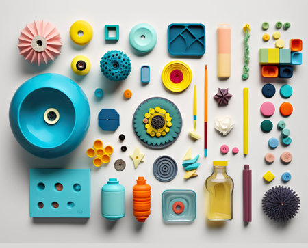 Pieces of colored plastic beautifully arranged in rainbow pattern, AI generative illustration of eco-friendly environmental arts and crafts, upcyclingの素材