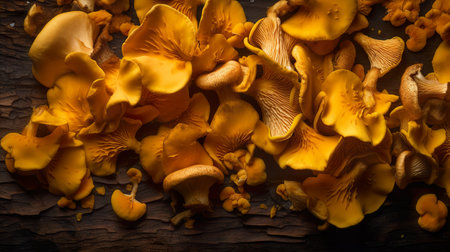 Chanterelle mashrooms, flat lay from above top view, AI generative edible fungi illustrationの素材