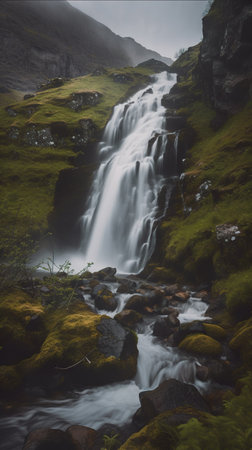 Imaginary waterfall in Scandinavia, AI generative imageの写真素材