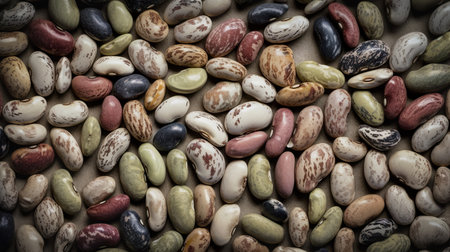 Specked beans closeup shot, flat lay, top view, AI generativeの素材