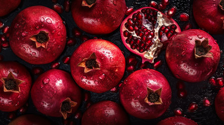 Pomegranate fruit, flat lay overhead, top view, AI generativeの素材