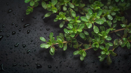 Thyme on black slate, flat lay or top view, AI generativeの素材