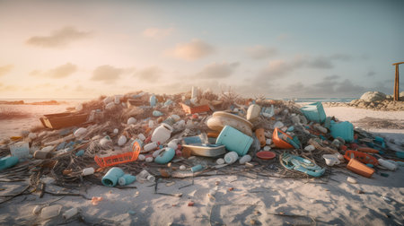 Cleaning Up the Beach: plastic waste piled up on the beach, AI Generativeの素材