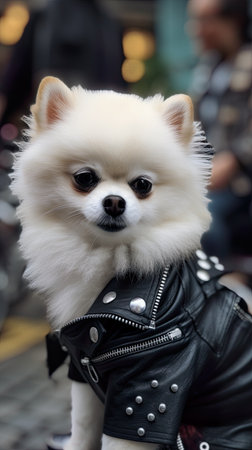 Dog as a biker, shot haired white Pomeranian dog in leather biker jacket with motorbike, AI generative illustrationの素材