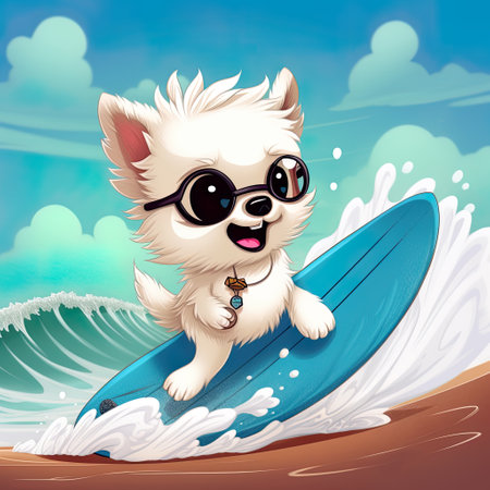 Cute little white puppy dog as surfer, cartoon chibi style, AI generative illustrationの素材
