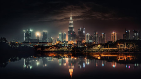 Imaginary view of Kuala Lumpur skyline from across the Klang River in Malaisia, AI generativeの素材