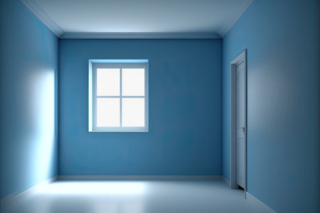 Empty room with blue walls, floor and ceiling, door, sunshine from small window. AI generative illustration.の素材