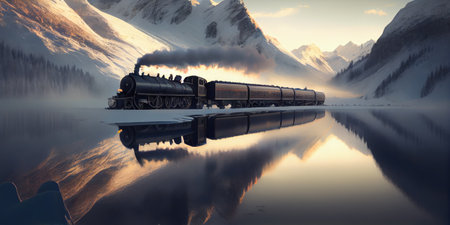 Historic steam train in winter mountains under snow on sunset reflected in lake. Panoramic banner, AI generative panoramaの素材