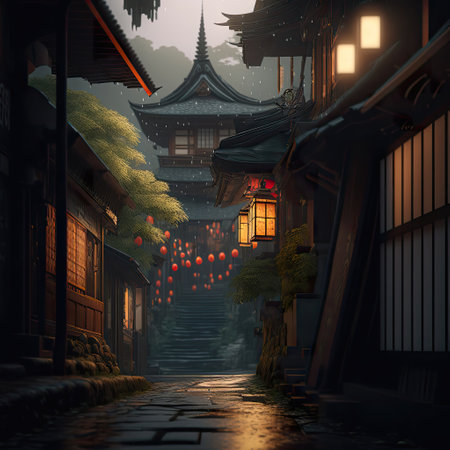 Japan, lanterns on rainy street with temple, pagoda, japanese traditional landmark. Misty twilight, rainy night. AI generative.の素材