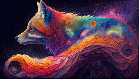 Celestial rainbow fox vision, private protector, spirit, tribal style, psychedelic imaginary creature, AI Generative panoramic bannerの素材