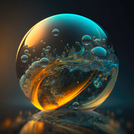 Murano glass ball, sphere, with bubbles on dark background in emerald green and gold light. AI generative illustration.の素材
