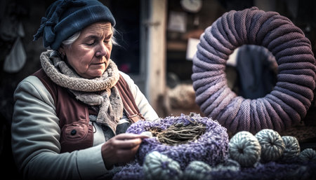 Old, senior European woman in traditional warm clothes selling dry lavender and lavender flower wreath on street market outdoors, AI generativeの素材