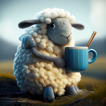Sheep sipping tea from a mug outdoors, AI Generative illustration perfect for seasonal greeting card, square composition.の素材