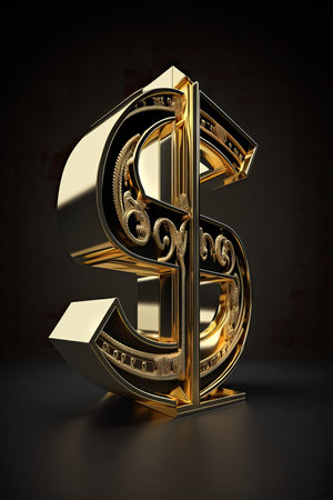 Shiny golden dollar sign, three quarters view on a black background, AI generativeの素材
