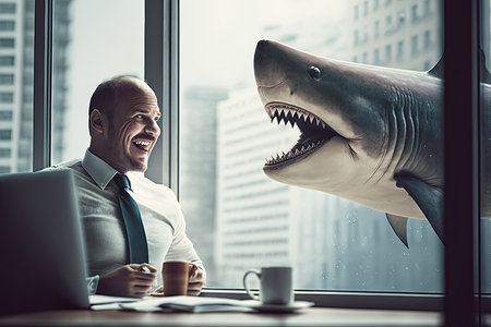 Business Entrepreneur and cheerful shark are laughing together or smiling at each other. Business concept AI Generative illustration.の素材