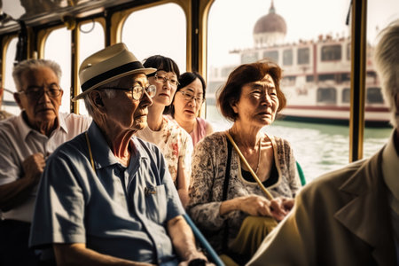 Senior Chinese tourists riding vaporetto transport boat in Venice Grand Canal past Punta Dogana, AI Generative.の素材