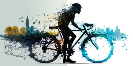 Double exposure of a cyclist, young man on a bike, riding bicycle in city, urban skyline, watercolorstyle, AI generativeの素材