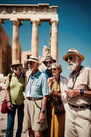 Five seniors, European men and women, pose in front of Acropolis in Athens, Greece, for a group photo. Group enjoys holiday in Greece on a nice sunny day with blue sky. AI generative.の素材