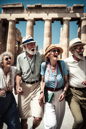 Five laughing seniors, European men and women, pose for group photo in front of Parthenon temple on Acropolis hill in Athens, Greece, on a nice sunny day with blue sky. AI generative.の素材