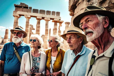 Five seniors, European men and women, go as part of guided tour in front of Parthenon temple on Acropolis hill in Athens, Greece, on a nice sunny day with blue sky. AI generative.の素材