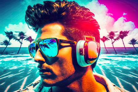 Young caucasian or latino man wearing retro funky earphones and mirror sunglasses with paradise beach with palms reflected. Illustration in orange, mint green and magenta vibrant colors. AI generativeの素材