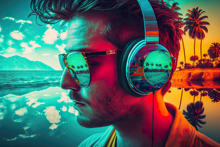 Young caucasian or latino man wearing retro funky earphones and mirror sunglasses with paradise beach with palms reflected. Illustration in orange, mint green and magenta vibrant colors. AI generativeの素材